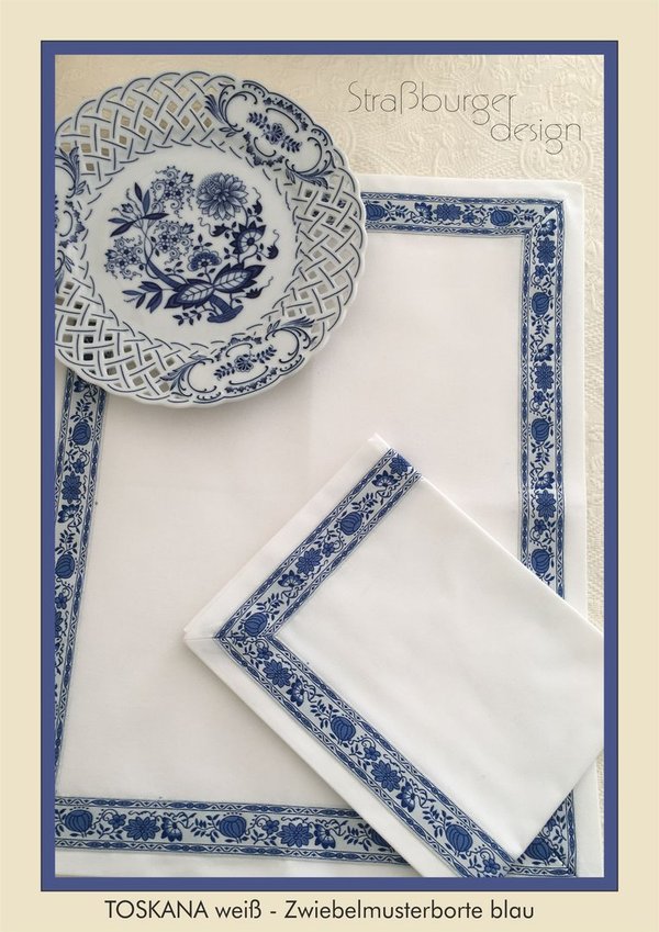 Tischwäsche weiß  mit  blauer Borte Zwiebelmuster, hochwertiges Jacquard Gewebe