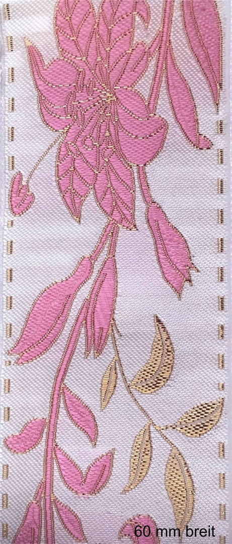 Borte   FLORA,   blau und pink,  22 mm breit,  hochwertiges Jacquardgewebe mit gold